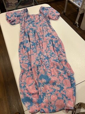 Floral Puff Sleeve Tiered Maxi Dress - Blue & Pink